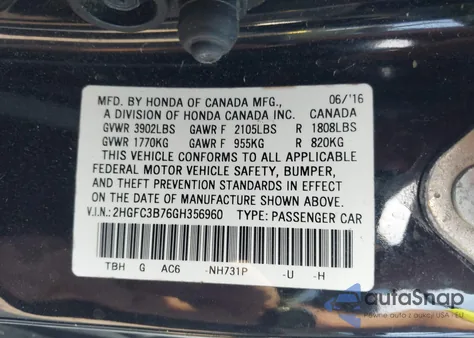 2016 Honda Civic Ex-L from USA, damaged, VIN 2HGFC3B76GH356960